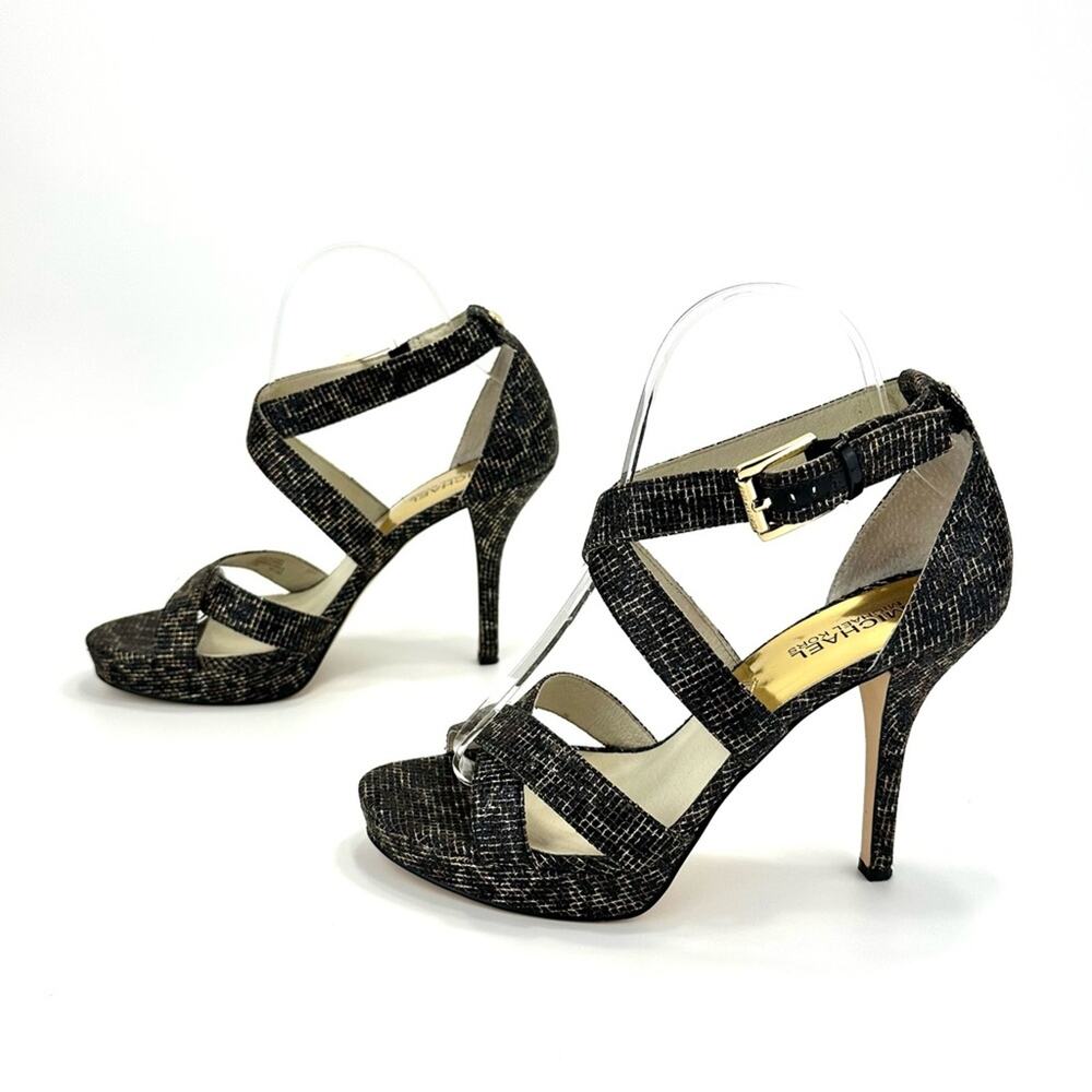 Michael Kors Evie Stiletto Heel Sandal Sz 8.5 Black/Gold Platform Spark Glitter